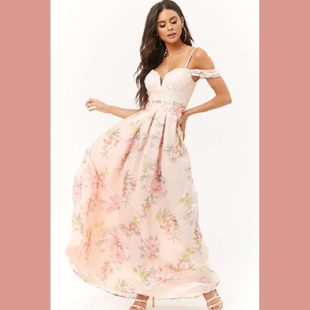 Soieblu Lace-Bodice Open-Shoulder Gown